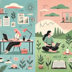 Dwie strony ilustracji pokazują idealny work life balance: praca przy biurku i relaks na łonie natury.
