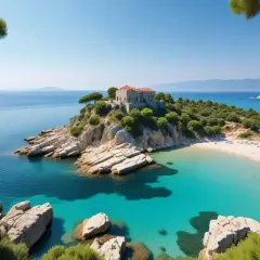 En pittoresk vik med turkost vatten och en sandstrand på Halkidiki, Grekland. En gammal byggnad tronar på en klippa vid havet.