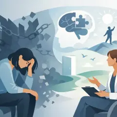 En kvinna med posttraumatiskt stress kämpar med kedjor som bryts, medan en terapeut hjälper henne att hitta en väg mot läkning och frihet.