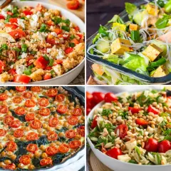 Vier leckere Gerichte: Couscous-Salat, Tofu-Nudelsalat, Quiche mit Tomaten und Kichererbsen, Orzo-Salat. Perfekt als kaltes Mittagessen zum Mitnehmen.