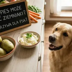 Złoty retriever z zaciekawieniem patrzy na miseczkę z puree ziemniaczanym. Tabliczka obok pyta: "Czy pies może jeść ziemniaki?".