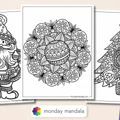 Páginas de mandala navidad para colorear: Papá Noel, un adorno festivo y un árbol de Navidad, listos para ser llenados de color.
