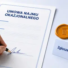 Podpisanie umowy najmu okazjonalnego. Obok pieczęć i karteczka "Zgłoszenie US".