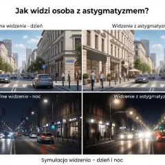 Symulacja widzenia ulicy w dzień i w nocy: normalne vs. astygmatyzm.