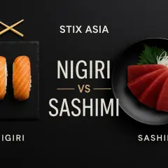 Nigiri mit Lachs auf Reis vs. Sashimi aus Thunfisch. Ein visueller Vergleich von Nigiri vs. Sashimi.
