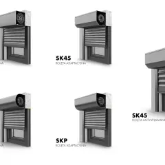 Przekroje różnych modeli obudowy rolety zewnętrznej: SK90, SK45 adaptacyjna, SKO-P, SKP adaptacyjna i SK45 antywłamaniowa.