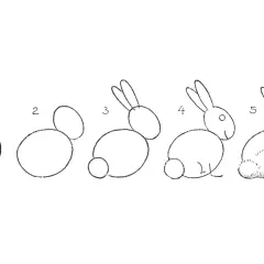 Secuencia de pasos para un conejo dibujo. Empieza con círculos y termina con un tierno conejo.
