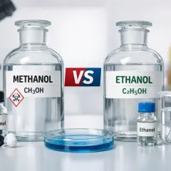 Dwie butelki z odczynnikami: metanol (CH₃OH) z symbolem zagrożenia i etanol (C₂H₅OH). W tle mikroskop i probówki.
