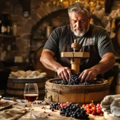 Un vigneron prépare des raisins pour une recette de vin rouge. Des tonneaux et une carafe de vin rouge complètent la scène.