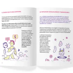 Illustrazione di due persone che si abbracciano, con icone di labbra e orecchio. Un invito a prendersi cura della propria salute sessuale e a fare sesso in modo consapevole.