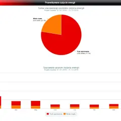 Wykres kołowy i słupkowy pokazujący szacowane zużycie energii przez pompę ciepła.