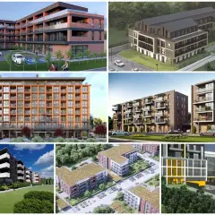 Nowoczesne mieszkania Nowy Sącz w różnych stylach architektonicznych, od ceglanych po drewniane fasady, z balkonami i zielonymi dachami.