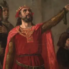 Alfonso V de Portugal, coronado y con capa roja, levanta su mano ante una corte.