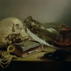 Martwa natura vanitas: czaszka, księga, pióro, zegarek, kielich i lampka oliwna przypominają o przemijaniu.