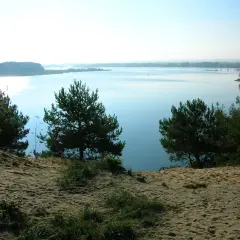 Spokojne jezioro Maziarnia otoczone drzewami, widok z piaszczystego brzegu.