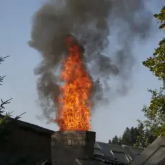 Flammen schlagen aus einem Schornstein, dunkler Rauch steigt auf. Ob man Europaletten verbrennen darf, ist fraglich.