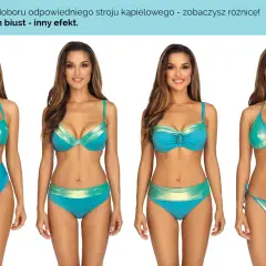 Cztery kobiety prezentują różne modele turkusowych strojów kąpielowych. Każdy z nich ma inny fason, ale wszystkie podkreślają biust, jakby nosiły ten sam fez czapka.