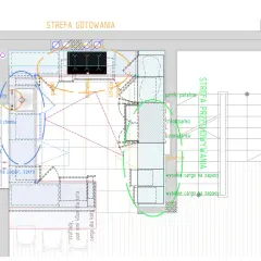 Plan kuchni z podziałem na strefy: zmywania, gotowania i przechowywania. Pokazuje rozmieszczenie szafek, sprzętów AGD i detali, ułatwiając organizację szafek w kuchni.