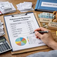 Podsumowanie miesięcznych wydatków na dziecko, w tym faktury do alimentów na kogo. Kalkulator, rachunki i wykres kołowy pokazują koszty.