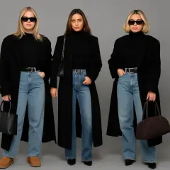 Trzy kobiety w czarnych płaszczach i jasnych jeansach prezentują stylowe, casualowe zestawy. Idealne ciemne jeansy stylizacje na co dzień.