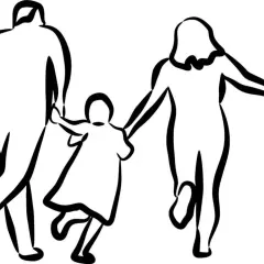 Arte con líneas: una familia corriendo junta, tomados de la mano, con trazos audaces y dinámicos.