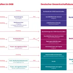 Struktur des DGB: Von Gewerkschaften über Bundes- und Bezirksvorstände bis hin zu Kreisverbänden, die die gewerkschaftliche Arbeit im sozialen Sektor repräsentieren.