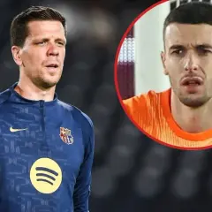 Bramkarz Barcelony w niebieskiej bluzie z logo Nike i Spotify. W okręgu widać jego twarz w pomarańczowej koszulce.