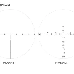 Siatka balistyczna SMR-2 MRAD w dwóch powiększeniach: 4.5x i 30x. Po lewej siatka przy 4.5x, po prawej przy 30x z podziałką.