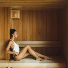 Kobieta w białym stroju kąpielowym relaksuje się w drewnianej saunie. Czy to miejsce, gdzie znajdziemy pozytywne sauna karbonowa opinie?