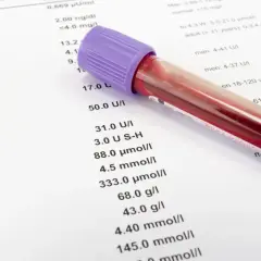 Wyniki badań krwi z probówką. Na papierze widnieje lista testów, w tym enzymy jak ALT i AST, oraz wartości referencyjne.