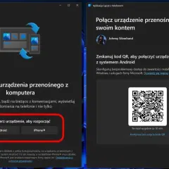 Ekran aplikacji "Łącze z telefonem" pokazuje, jak podłączyć hotspot do komputera. Wybierz Android lub iPhone, by rozpocząć.