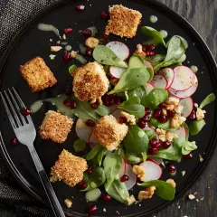Feldsalat mit Granatapfelkernen, Radieschen und Sesam-Käsewürfeln auf schwarzer Platte.