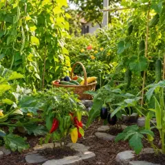 Un potager luxuriant avec courgettes, poivrons, aubergines et concombres. Idéal pour savoir quoi planter en juillet et profiter d'une récolte abondante.