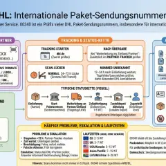 Das Diagramm erklärt die DHL-Sendungsnummern (Präfix 00340) für internationale Pakete, von der Struktur über Tracking bis zu Problemen.