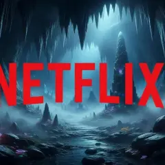 Ciemna, mistyczna jaskinia z kryształami i mgłą. Czerwony napis Netflix zaprasza do świata mega wciągających filmów.