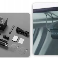 Zestaw 70mai hardwire kit jak podłączyć. Wideorejestrator 70mai A510 zamontowany na szybie, obok akcesoria do montażu.