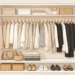 Eine Capsule Wardrobe mit vielen Teilen: Ein Kleiderschrank voller neutraler Kleidung, Taschen, Körbe und Schuhe.