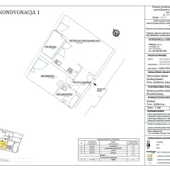 Plan lokalu mieszkalnego z danymi do zaświadczenia o samodzielności lokalu. Widoczny układ pomieszczeń: przedpokój, pokój, łazienka, aneks kuchenny i loggia.