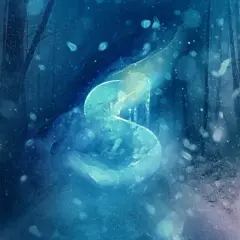 Ethereal blue light forms a glowing 'S' in a snowy forest, a magical scene perfect for photoshop ideas.