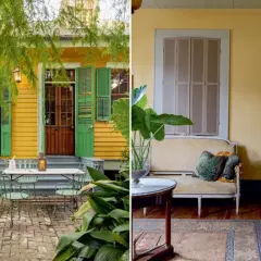 Vibrant yellow exterior with green shutters, a charming patio, and a cozy interior showcasing classic New Orleans interior design style.