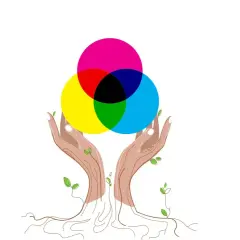 Dłonie jak drzewo podtrzymują koło barw. Symbolizuje to jedność i harmonię, jak w zespole muzycznym Rainbow.