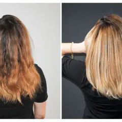 Vorher-Nachher-Vergleich: Blondes Haar wird durch Silbershampoo aufgehellt und erhält einen kühlen Ton.