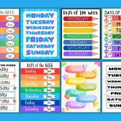 Vari schemi colorati per imparare i giorni della settimana in inglese da stampare, perfetti per bambini.