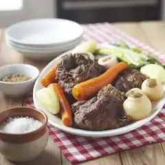 Un plat généreux de pot-au-feu, avec viande, carottes, navets et poireaux, servi avec moutarde et gros sel. Un délice réconfortant, parfait avec un verre de vin blanc.