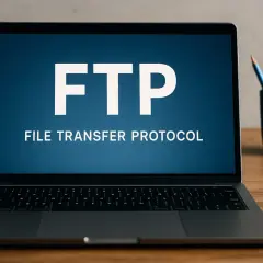 Laptop muestra "FTP FILE TRANSFER PROTOCOL". Entiende qué es FTP para transferir archivos.