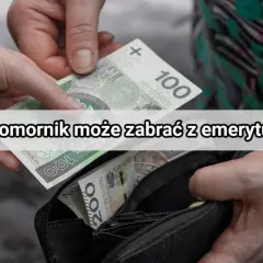 Dwie dłonie wkładają banknoty do portfela. Tekst: "Ile komornik może zabrać z emerytury?".