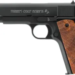 Czarny pistolet Colt Government Model Automatic Caliber .45 z drewnianymi okładzinami. Sprawdź colt 1911 4,5 cena.