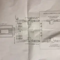 Schemat podłączenia uniwersalnego sterownika centralnego zamka do 4 drzwi. Widać moduł sterujący, siłowniki drzwi przednich i tylnych, oraz przewody.