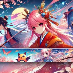 Anime-Charaktere mit Kirschblüten und Mond. Ein Junge mit Schwert, ein Mädchen mit rosa Haaren und ein Mädchen mit blauen Haaren.