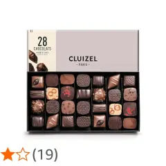 Boîte de 28 chocolats Cluizel, noir et lait. Un aperçu de la qualité qui justifie les avis positifs.